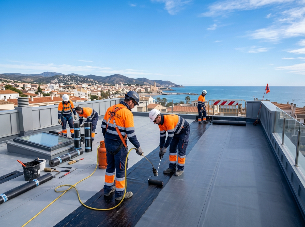 Especialistas de Oubahou Servicios impermeabilizando cubierta en Cataluña